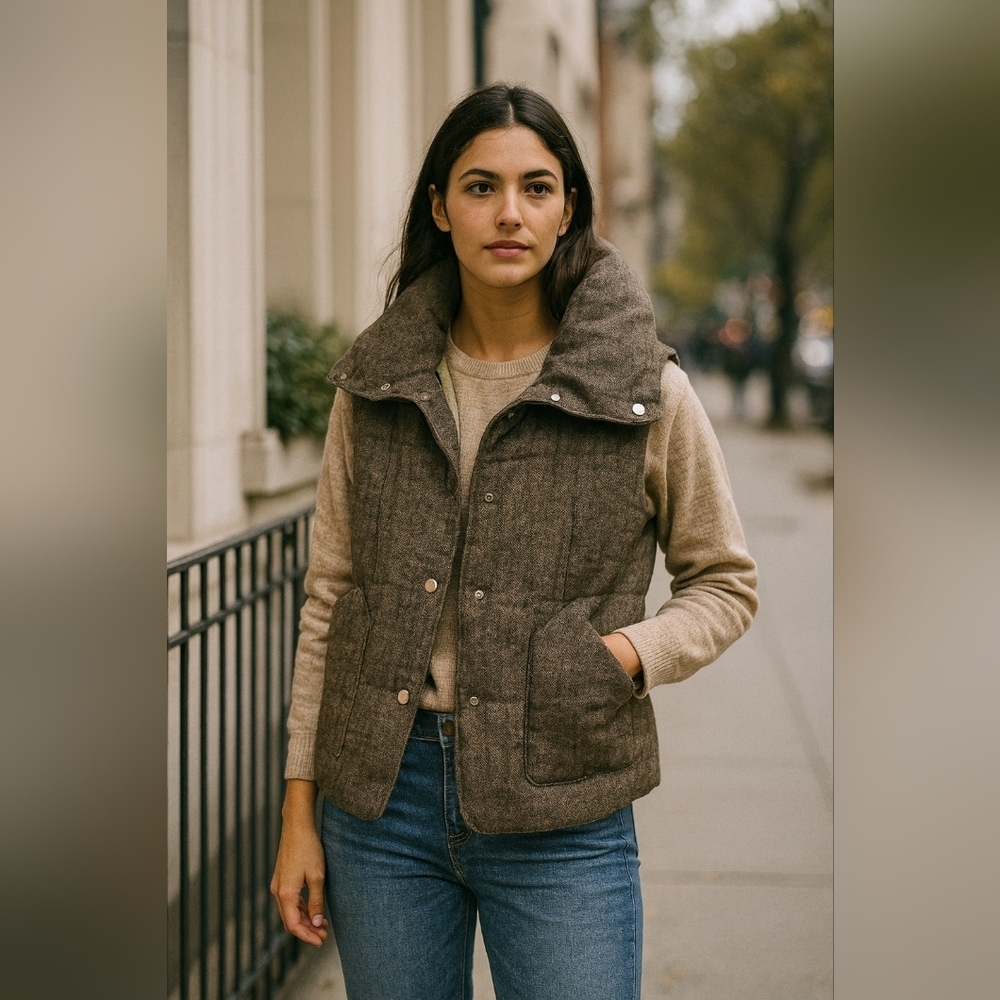 Japanese Vintage FLASH REPORT Wool Puffer Vest L – Herringbone
